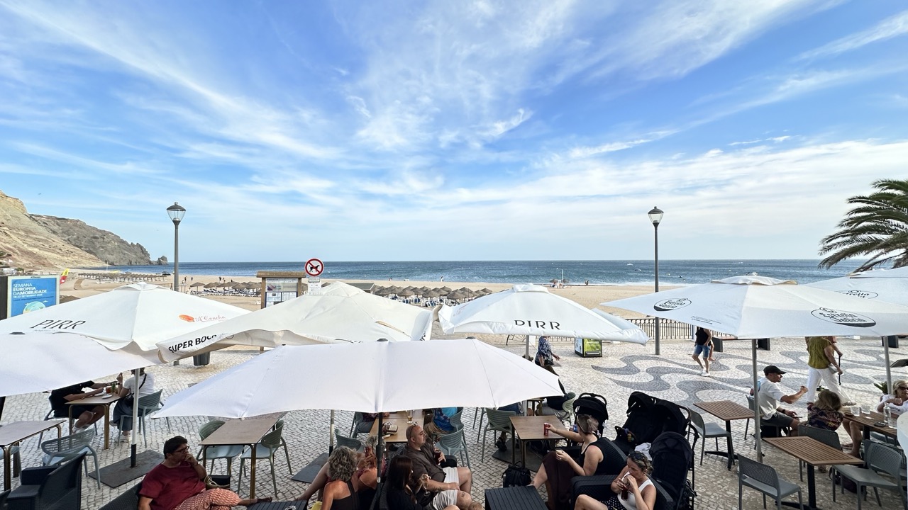 Esplanada cheia com chapéus de sol brancos e o areal da Praia da Luz e o mar ao fundo